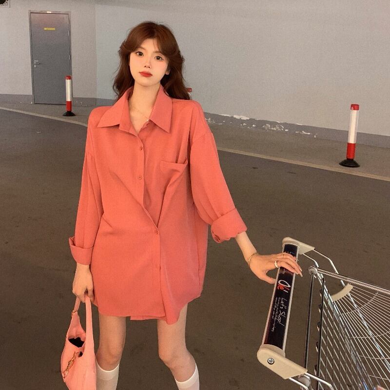 ブラウス ルーズシャツ ジャケット サマー薄手スタンダードスタイル ロング ピンク レトロ 夏物 ブラックストロベリース10139741589