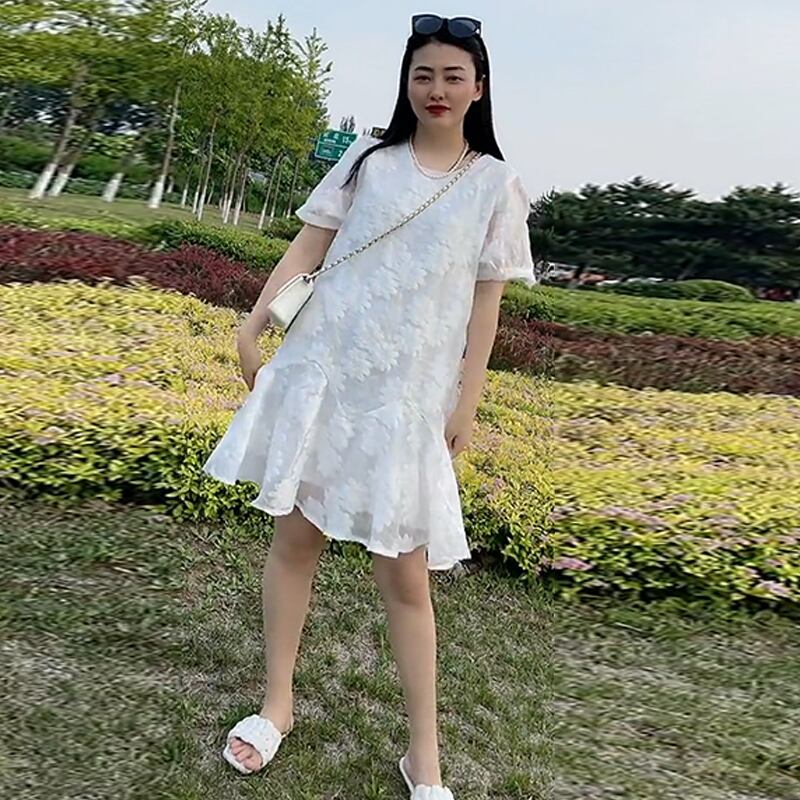 サマースタンダードラウンドネックドレス レトロ 大きめサイズ 夏物 Oネック ミックスインファッション44869103625