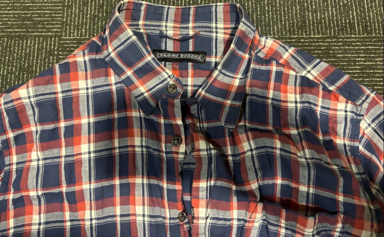CHROME HEARTS クロムハーツ チェックシャツ CHクロスパッチ レザー CH