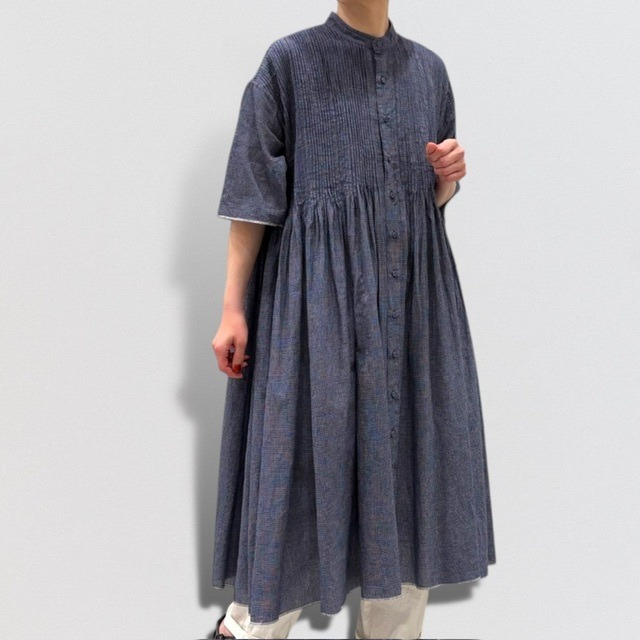 maison de soil HANDWOVEN COTTON SINGLE CHECK BANDED COLLAR SHIRT DRESS WITH PINTUCK
