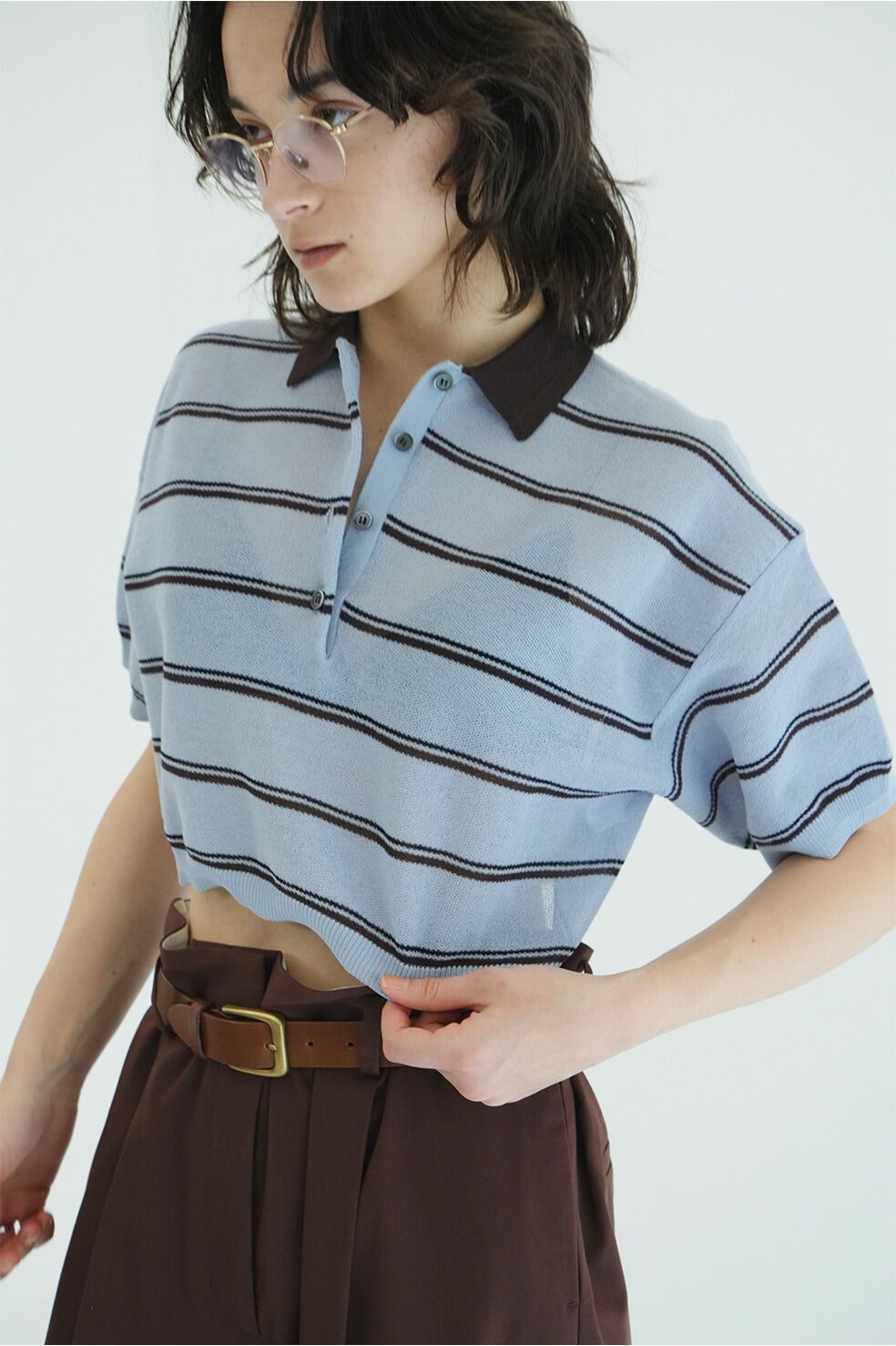 トップス CLANE SPONGY SHEER POLO KNIT TOPS CLANE(クラネ) SPONGY SHEER POLO KNIT TOPS BLUE | サウスオレンジ