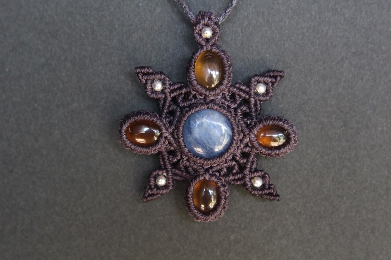 Kyanite & Hessonite Garnet micro macrame mandala pendant