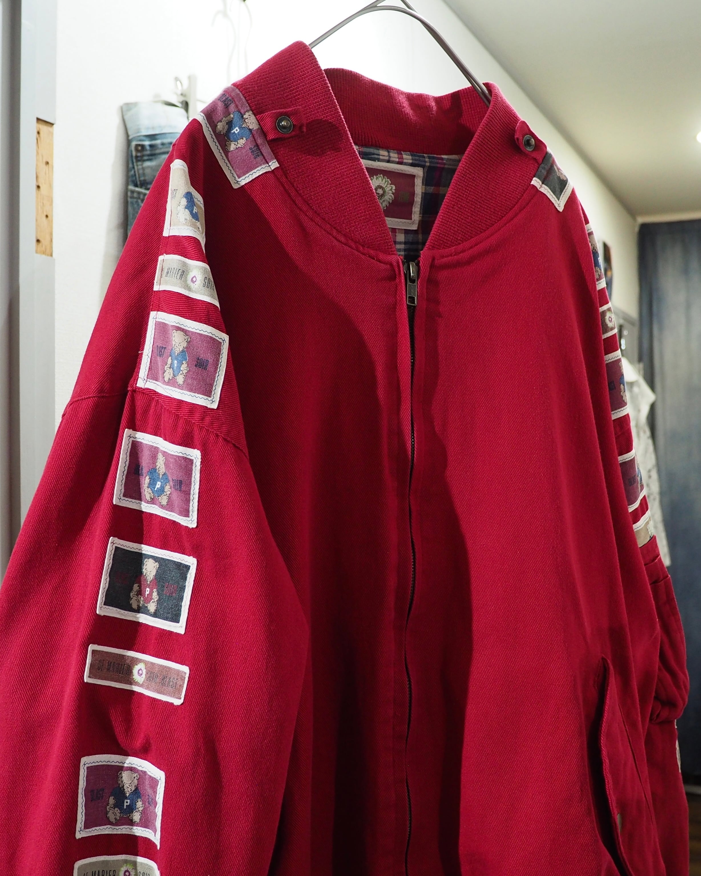 1980 - 90s Cute Teddy Bear × Flower Patchwork Embroidery Vintage Flight Jacket