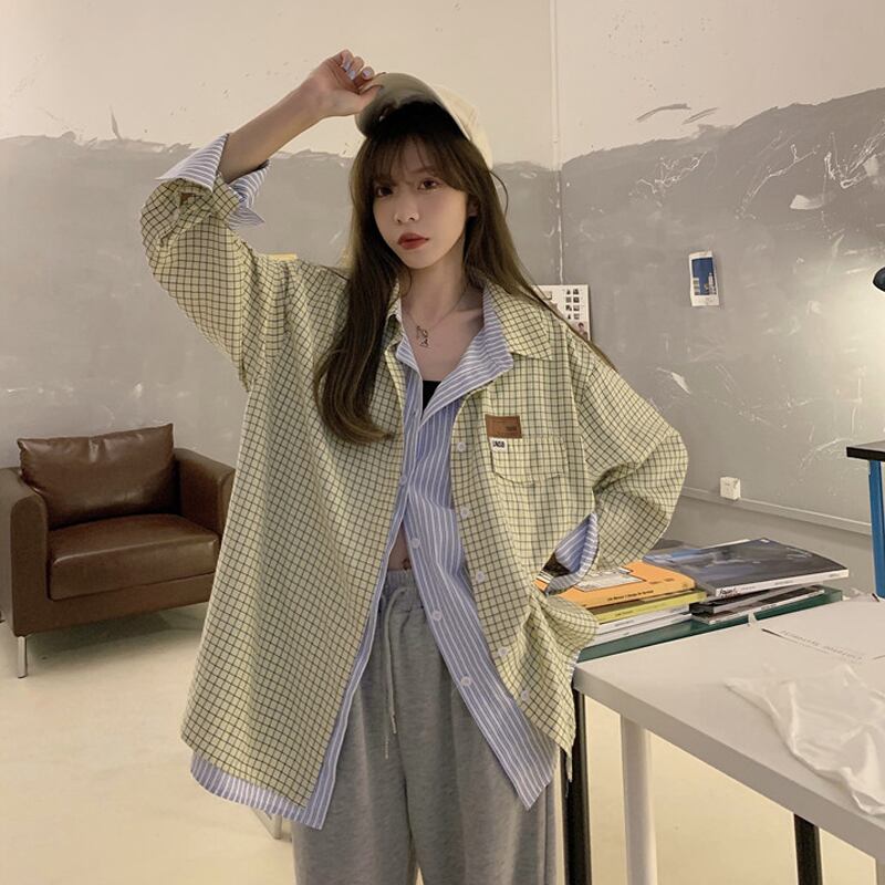 格子柄シャツ ジャケット スタンダードスプリングオータムトップス ロング レトロ 春物 秋物 試着室43994201744