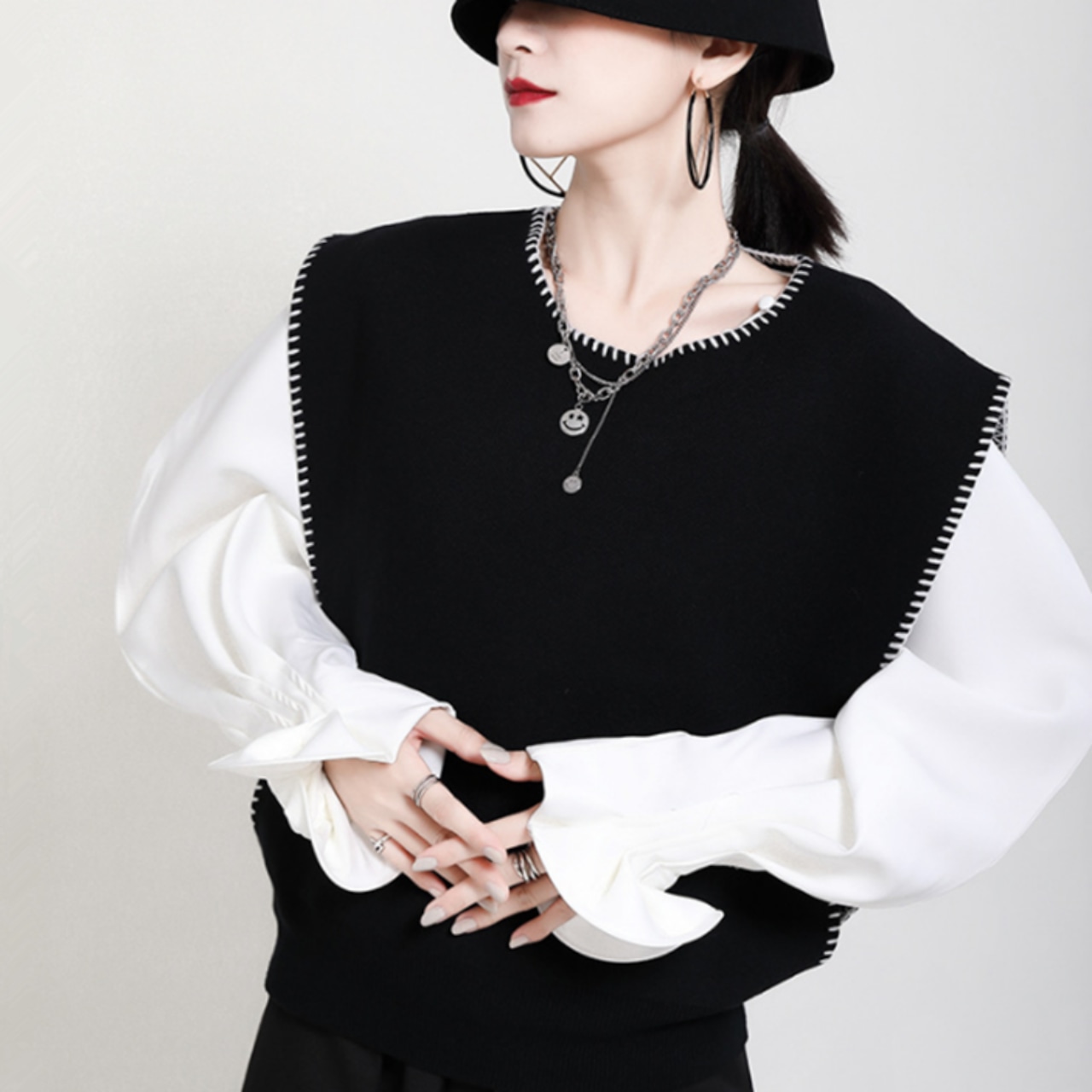 Round neck pullover loose knit vest(ME015)