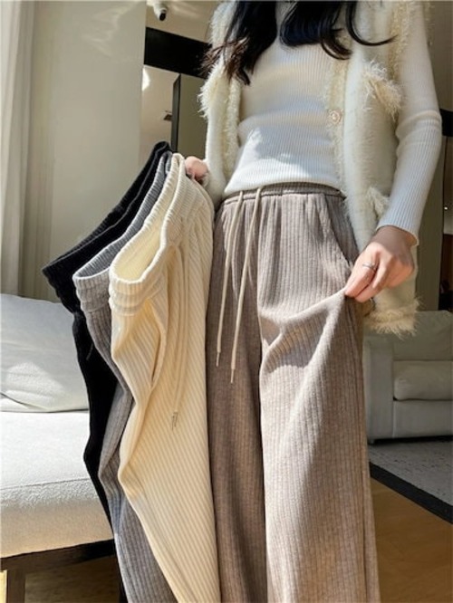 ワイドパンツ 秋冬 レディース ロングパンツ ウエストゴム 美脚 リラックス 防寒 暖い カジュアル ボトムス 体型カバー バギーパンツ イージーパンツ ゆったり ストライプ