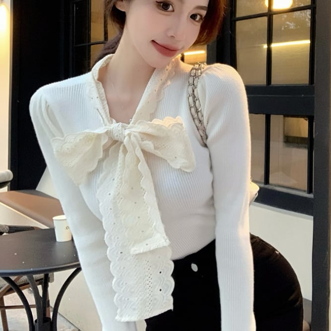 【tops】リボン付きニットトップス M20421