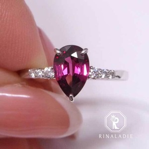 大特価K18WG天然ロードライトガーネット★ペアシェイプの艶々グロスリング