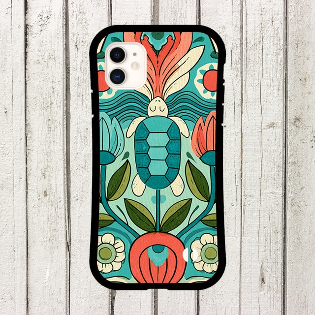 受注生産 iPhoneケース 亀とチューリップの民芸柄｜動物モチーフ PSYF018D