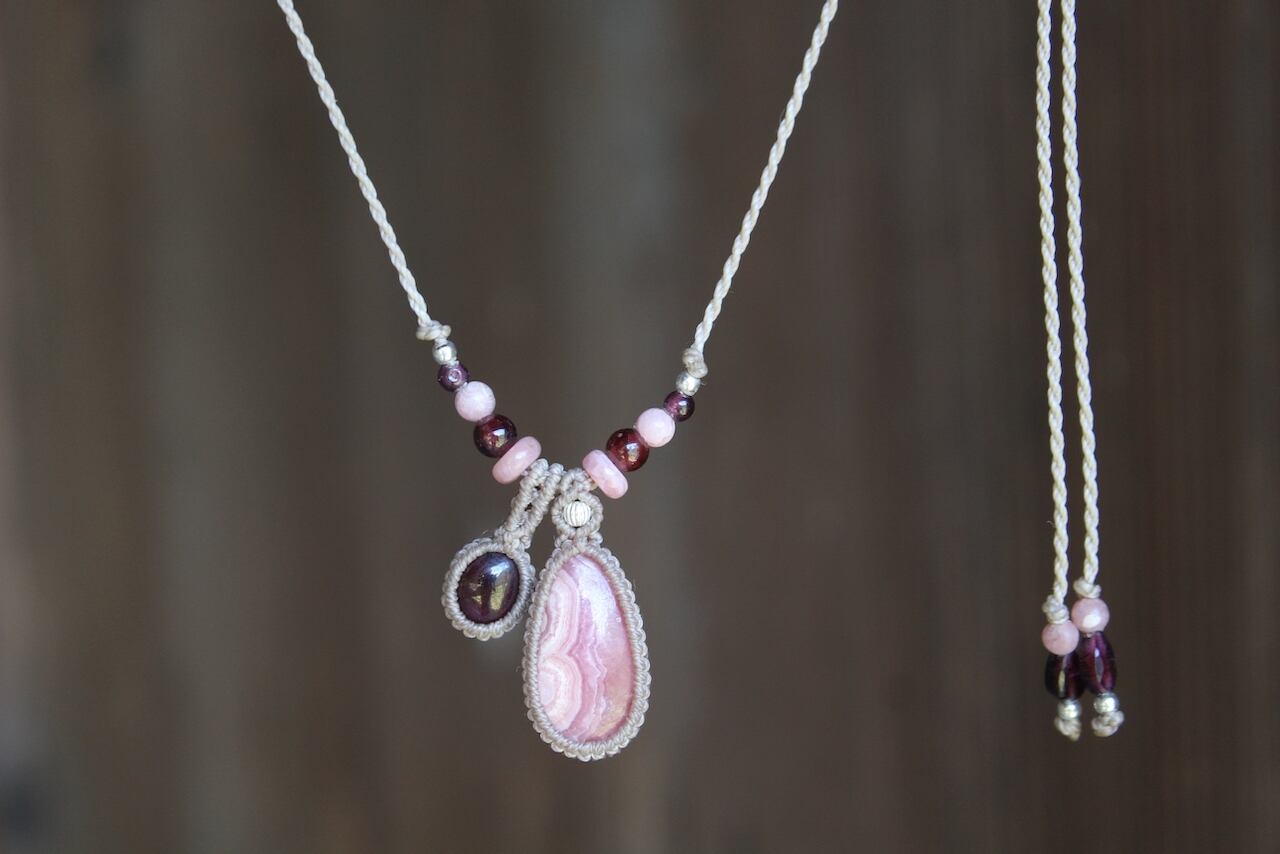 Rhodochrosite  & Rhodolite Garnet micro macrame  pendant