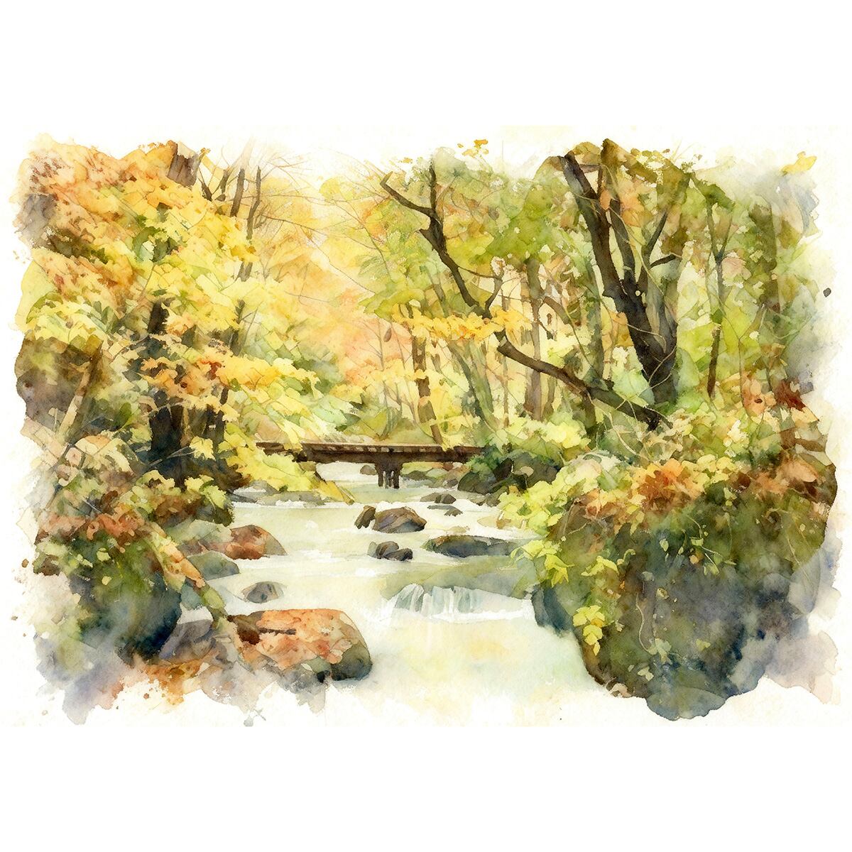 絵画(風景画) 日本 秋の奥入瀬渓流 インテリアアート額付き 水彩画