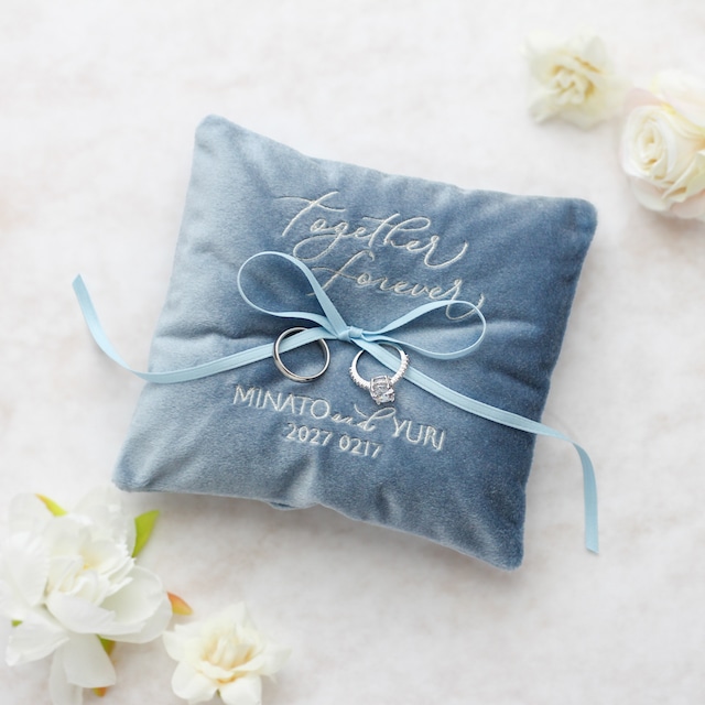 リングピロー（Dusty blue）お名前・日付・刺繍名入れ / ギフトボックス付
