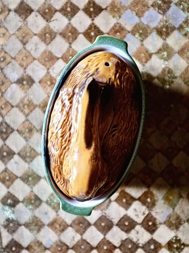 フランス 緑のお家で眠るうさぎさんのテリーヌポット ヴィンテージ