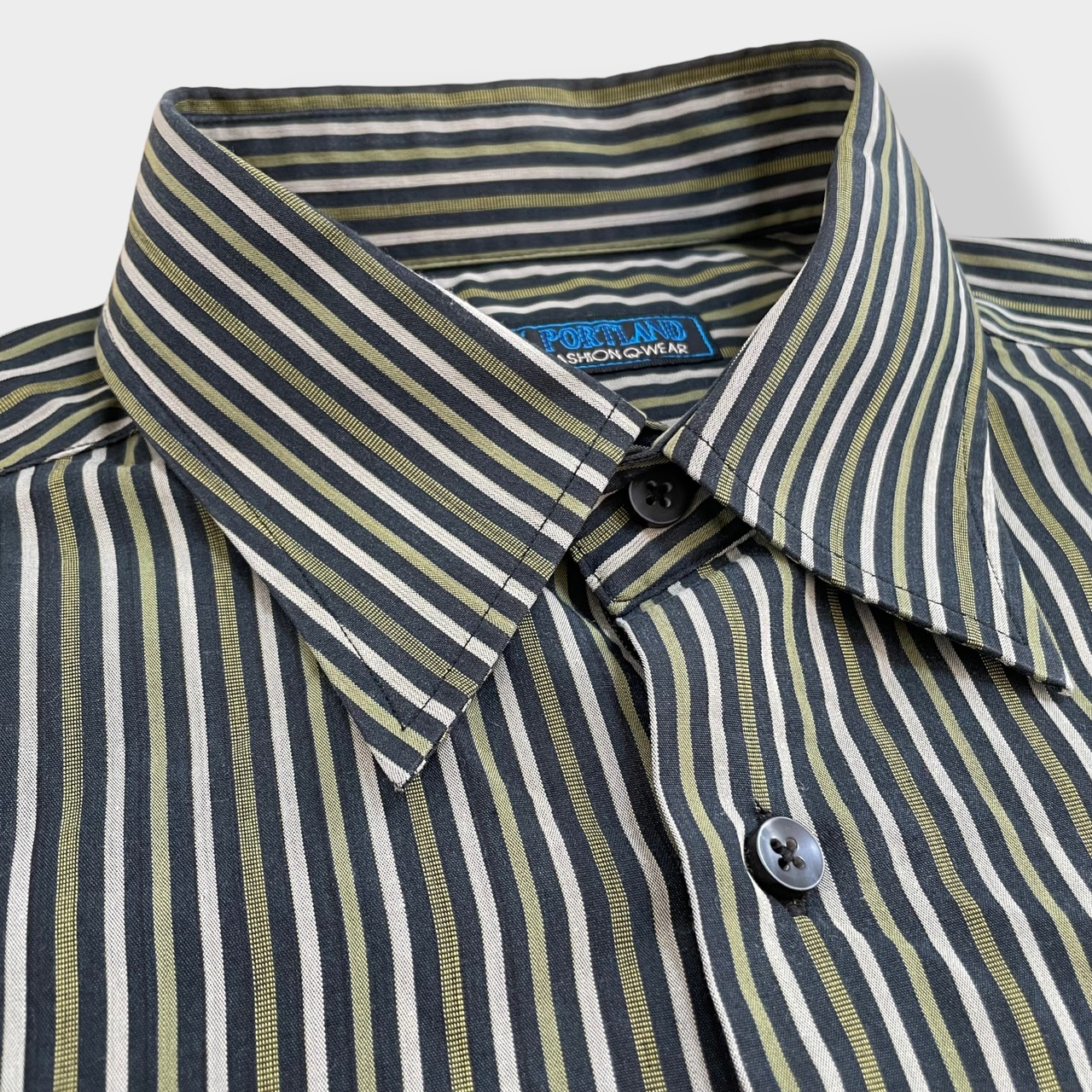 【NEW PORTLAND】ストライプシャツ 長袖シャツ コットン カジュアルシャツ アースカラー グリーン系 XL ビッグシルエット US古着
