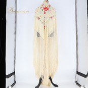 フラメンコ 衣装 マントン シージョ フレコ シルク 刺繍 花柄 フレコ フリンジ 薄い ダンス パーティ 発表会 アイボリー ホワイト系 薄い エレガント 高級感 舞台衣装 レディース コスチューム 柔らかい素材 おしゃれ