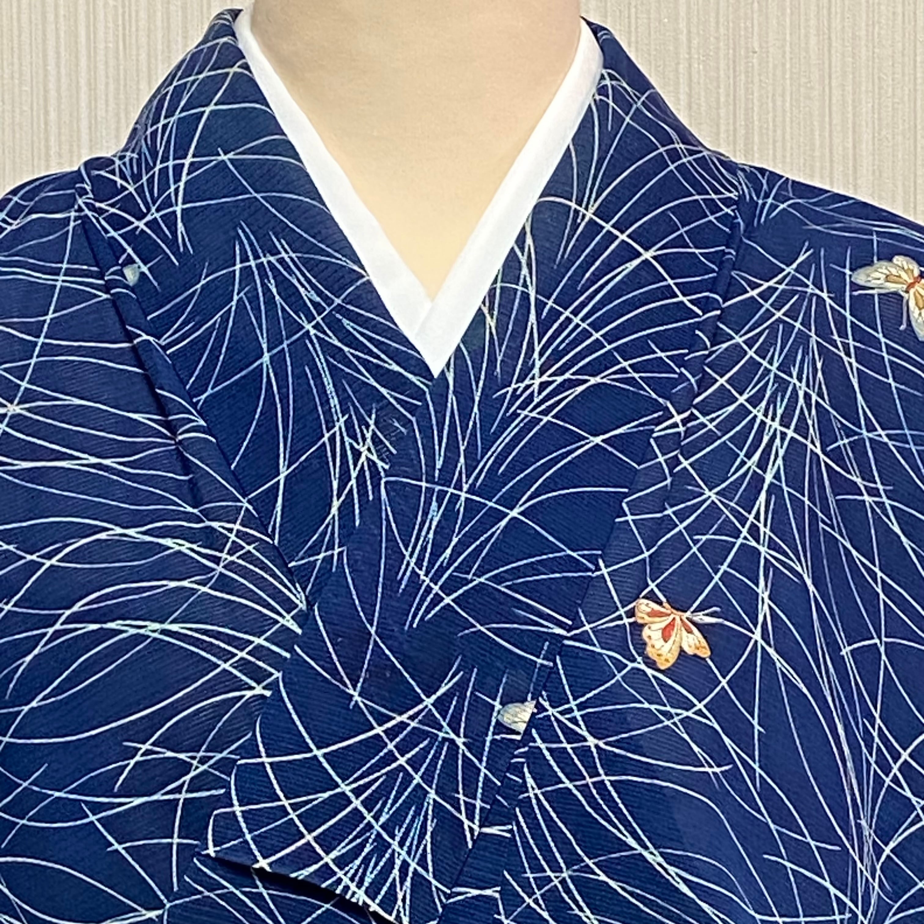 薄物 絽】小紋 単衣 横縞 蝶々 すすき 中縹色 夏着物 清涼感 昭和