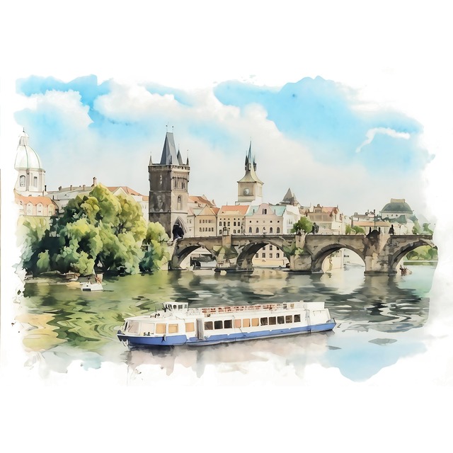 絵画 風景画(街並み) チェコ プラハ カレル橋近くの観光船 インテリアアート額付き 水彩画・油絵調 WAT0548