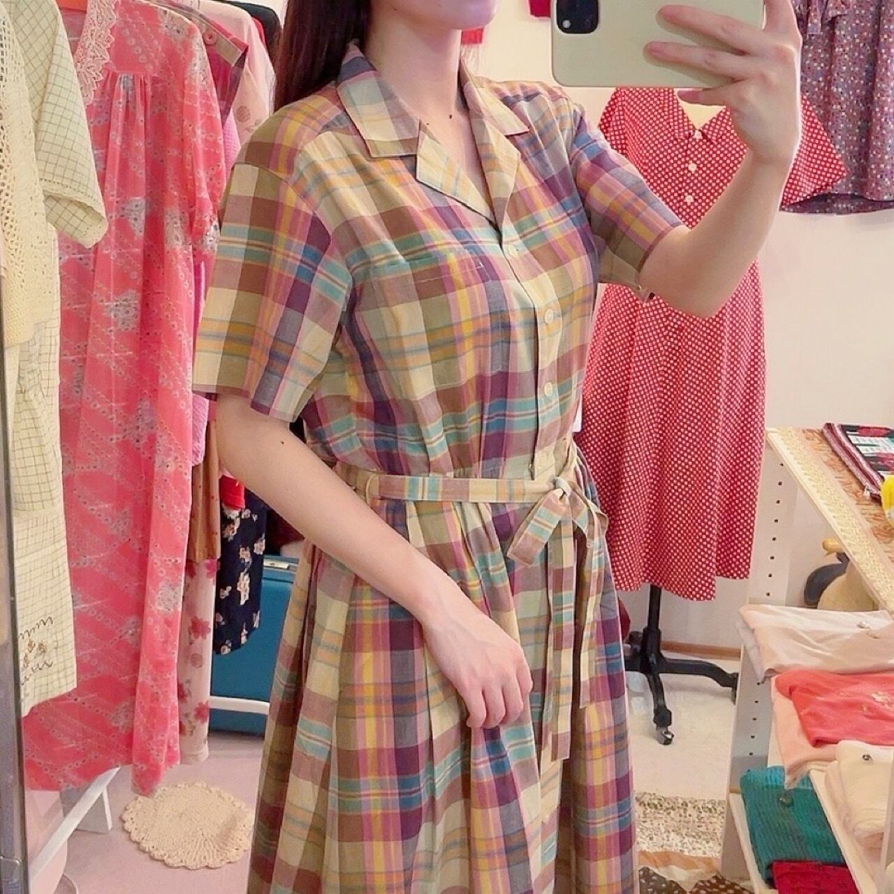 yellow pink check open collar one-piece
