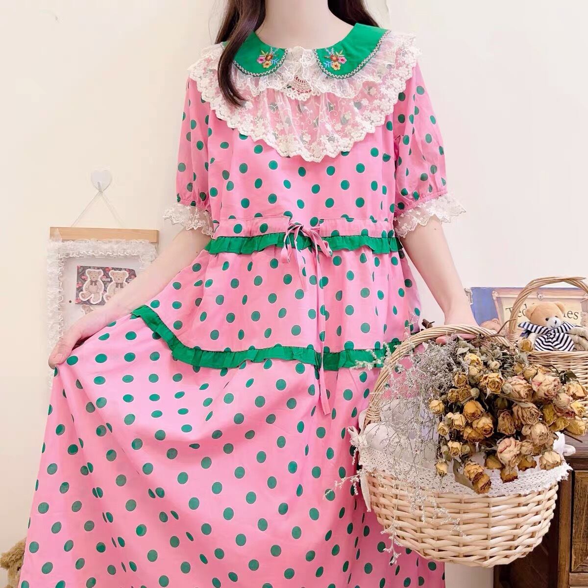 【KENZO】 PINK×GREEN フリル フラワー チュニック ワンピース KENZO】 PINK×GREEN フリル フラワー チュニック ワンピース