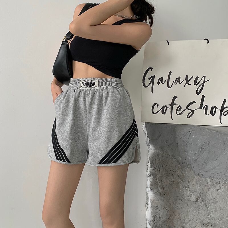 ストレッチウェストストライプカジュアルパンツ サマー薄手Aラインショーツ ハイウェストルーズワイドレッグ エラスティック 伸縮 夏物 ブルマー ワイドパンツ ブラックストロベリース52509601667