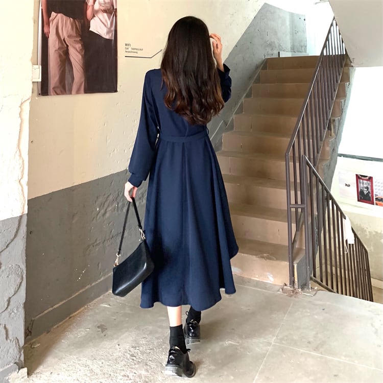 アシンメトリーVネックロングワンピース ロングワンピース レディース ワンピース 長袖 vネック