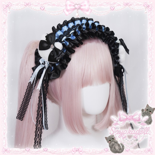 ♡【Sayakadoll original】【受注生産】白猫のおめかし ブラックリボン＆ドット柄フリルヘッドドレス light blue ♡