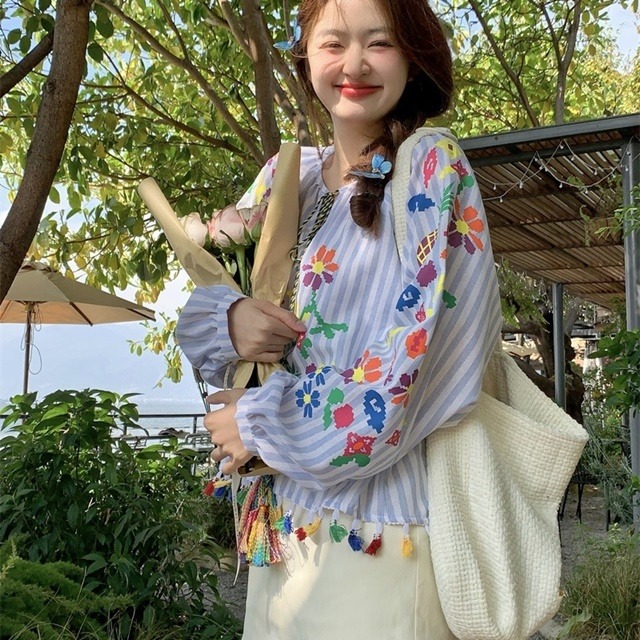 予約販売】 トップス シャツ ストライプ柄 刺繍 花柄 長袖 ブルー 