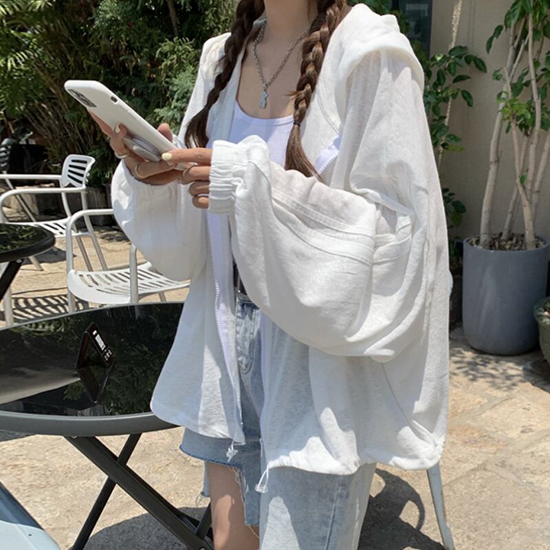 ホワイト薄手レディースサマーフードジャケット スプリングオータムカーディガントップス ロング 春物 夏物 秋物 スーパーモール35776821392