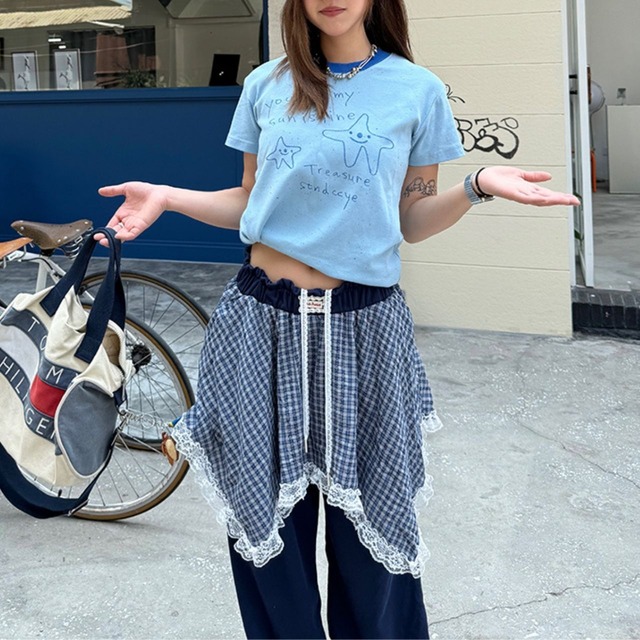 チェックレースレイヤードスカートパンツ 2col R00688