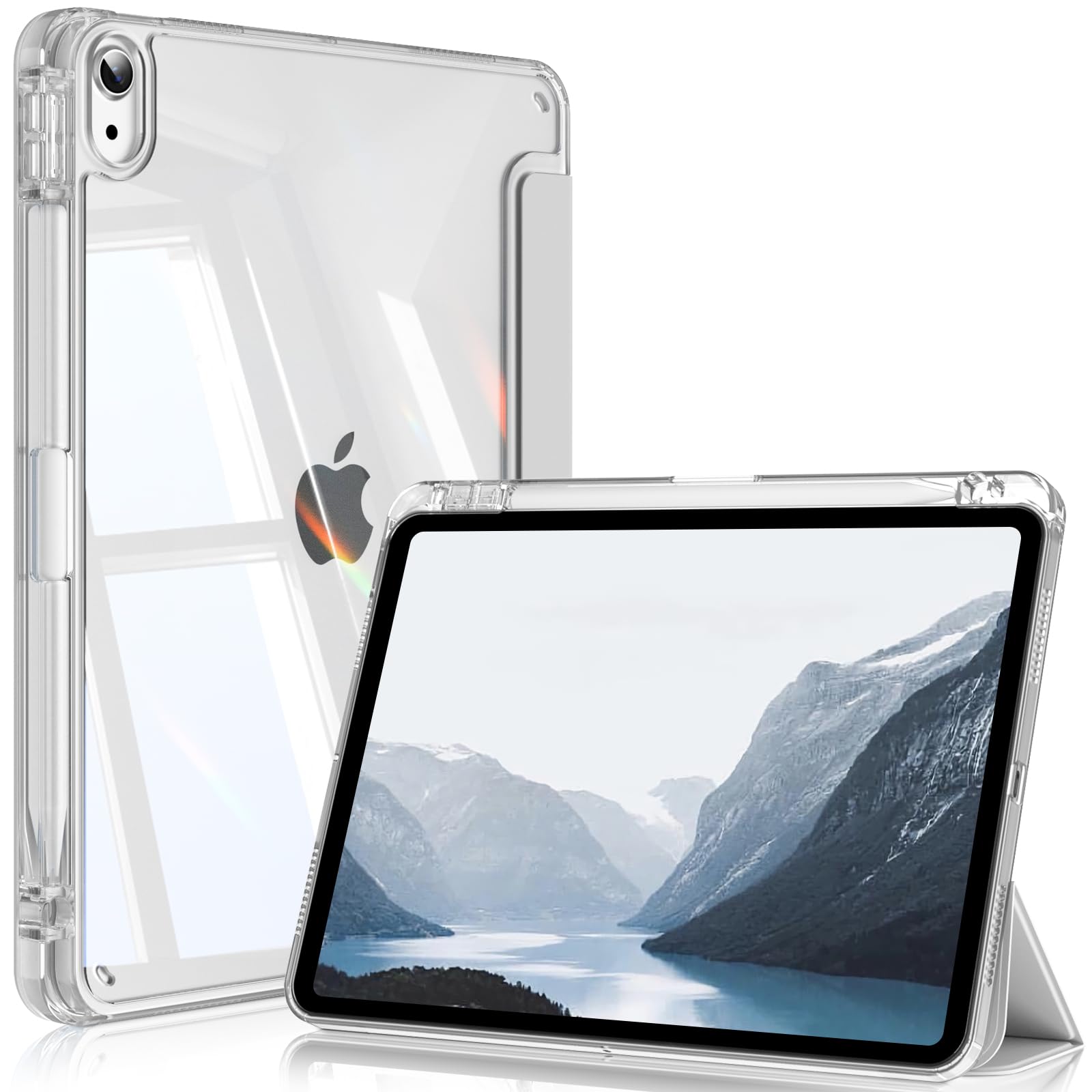 SQBEBS iPad Air 11インチ (M3/M2) ケース 2025/2024 iPad Air 5/4 ケース 2022/2020 10.9インチ 透明 アクリル ペンシルホルダー付き Apple Pencil Pro/USB-C の対応 スリープ機能 三つ折りスタンド クリア 超スリムス 耐衝撃 傷つけ防止 クリア カバー グレー