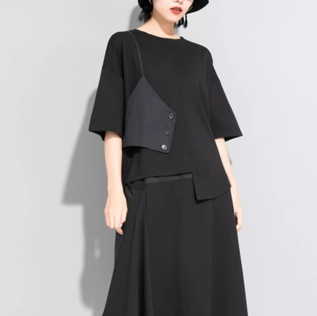 イレヘムトップス レディース トップス シャツ カットソー プルオーバー 半袖 ラウンドネック 襟なし 重ね着風 かわいい 大人可愛い きれいめ シンプル 上品 おしゃれ かっこいい こなれ感 個性的 クール モード系 エレガント 存在感 都会的 無地 春 夏 秋 ロングシーズン 授業参観 デート お出かけ イベント 女子会 休日 ホテル ショッピング カフェ 婚活 楽ちん プチプラ 普段使い 着回し インスタ映え ゆったり ゆる フリーサイズ 黒 ブラック ベーシックカラー 大人カラー