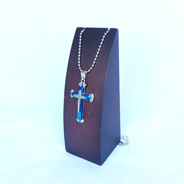 クロス 十字架 ジーザス ロザリオ チョーカー ネックレス ボールチェーン 銀 シルバー 青 ブルー 1147 MAKAST