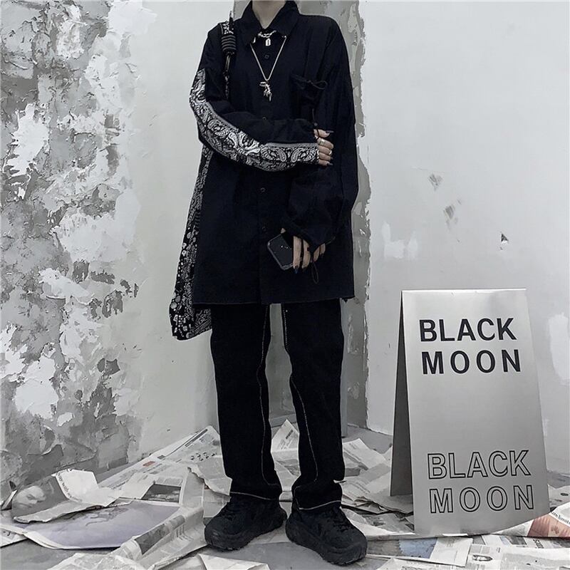 シャツ トップス ブラック 黒い ゆったり 切り替え カップル服 フリーサイズ 男女兼用 かっこいい Elegant