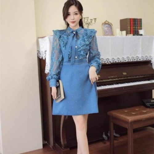 結婚式ドレス レディース ミニドレス レース フリル 長袖 スタンドカラー リボン 透け感 シースルー シアー ショート丈 ミニ丈 ワンピース 演奏会 二次会 披露宴 パーティードレス エレガント