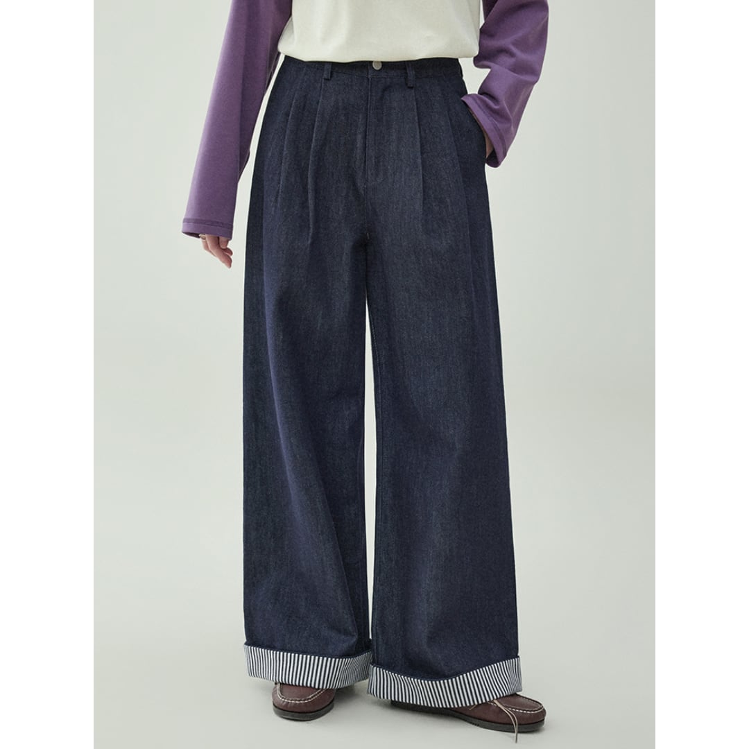 block roll edge wide leg jeans