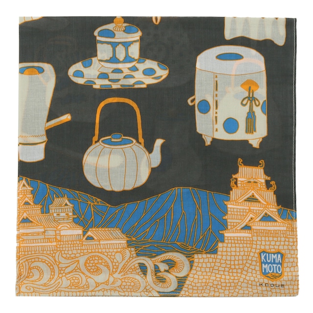 ひびのこづえ ハンカチ KUMAMOTO / チャコール ご当地バージョン（熊本） ちょっと大きめ 50x50cm KH22-04