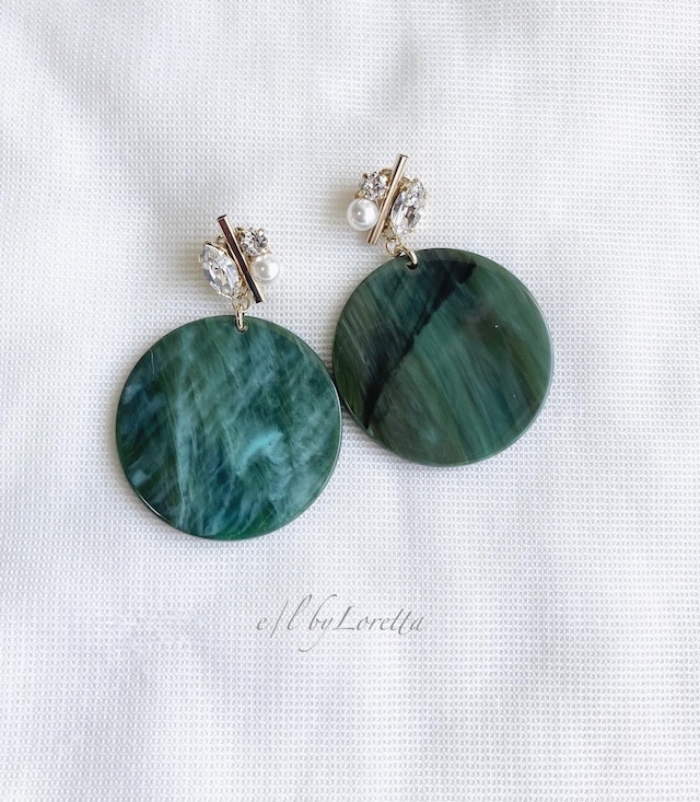 Stick bijou × marble plate pierce/earring (Green) [cc]