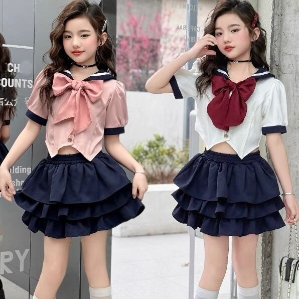 2色♡120~170♡ミニ丈制服風トップス+フリルスカートセット