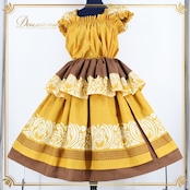 フラダンス 衣装 ツーピース セットアップ 上下セット イエロー系 アロハスタンダード ホヌ柄 黄 茶 フリル ALOHA STANDARDS 日本製 トップス ブラウス ハワイアン アロハ かわいい ハワイアンプリント ブラウン系