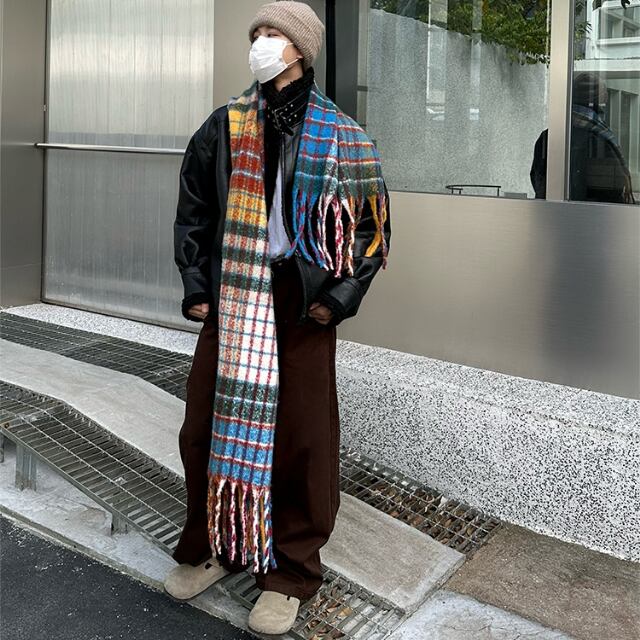 【予約販売】マフラー メンズ ストール 厚手 チェック柄 長め マルチカラー 配色 防寒 暖かい ギフト プレゼント お洒落 人気 トレンド 差し色 韓国 冬
