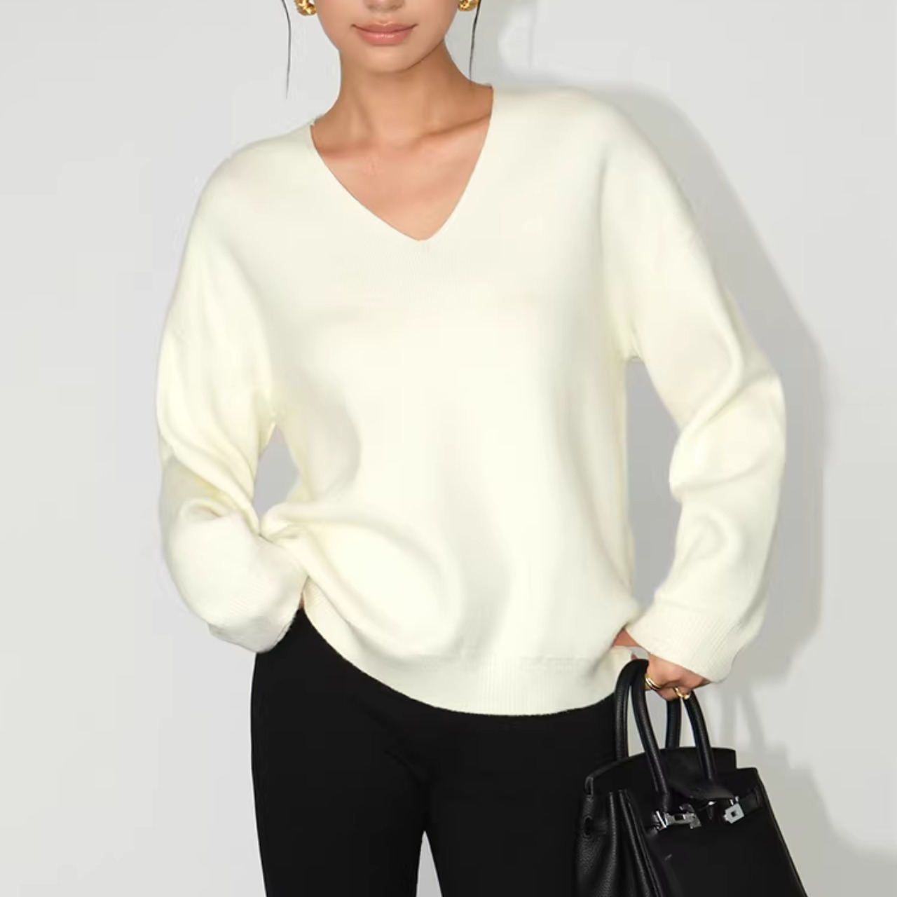 Vネック シンプル ヒップ丈 ニット 00112・画像2