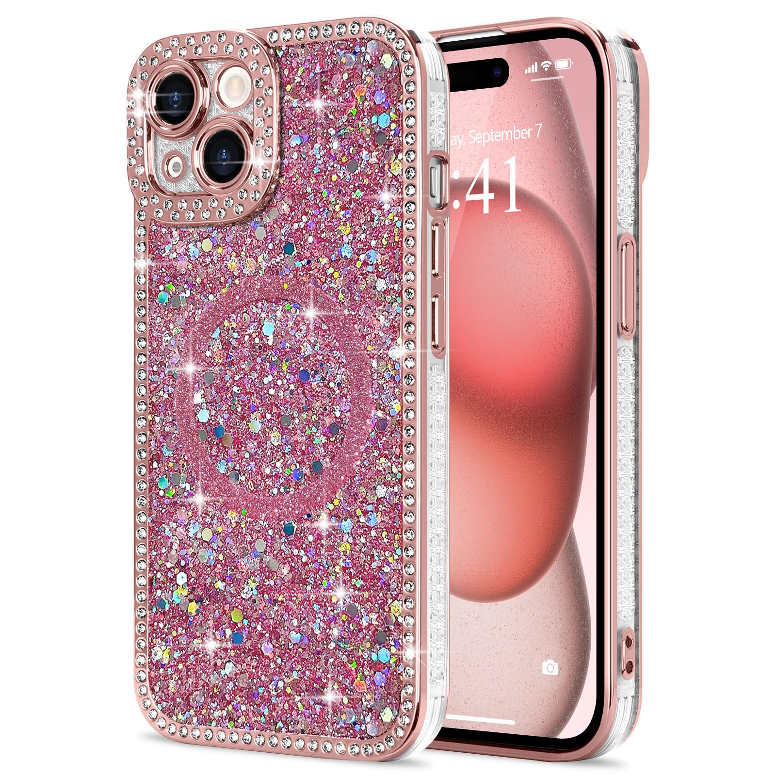 Lafunda iPhone 15 用 ケース MagSafe対応 キラキラ ラメ ダイヤモンド 軽量 衝撃吸収 マグネットカバー【ピンク】