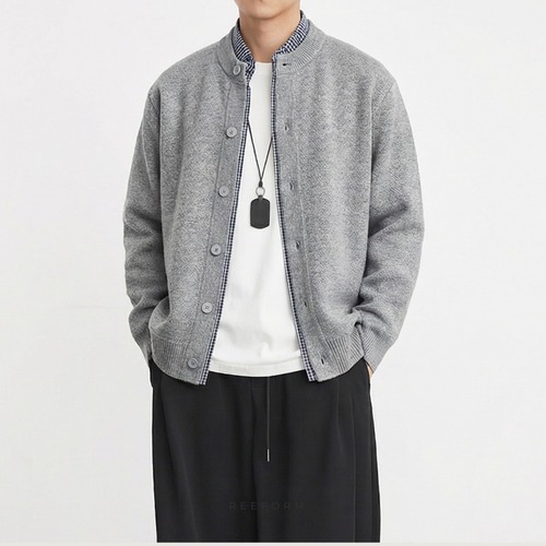 フェイクインナー ルーズカーディガン スタンドカラーセーター メンズニット 春カジュアルジャケット/ グレー RF-26SP-061