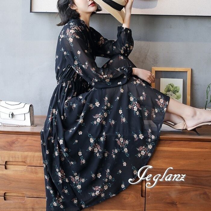 ボタニカル ワンピース 長袖 ドレス シアー きれいめ カジュアル(MA935)β