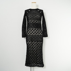 AMERI アメリ CROCHET RAGLAN LONG DRESS クローシェラグランロングドレス ニットワンピース 長袖 黒