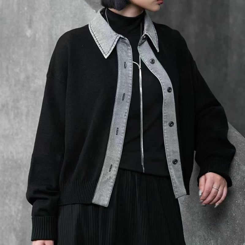 Denim mix knit tops 2 colors V2531