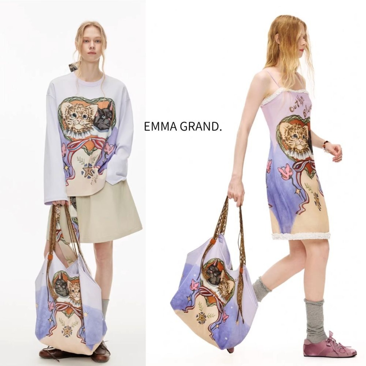 星飾りのハートフレームに結ばれた黒猫と豹の友情の肖像トートバッグ E00650