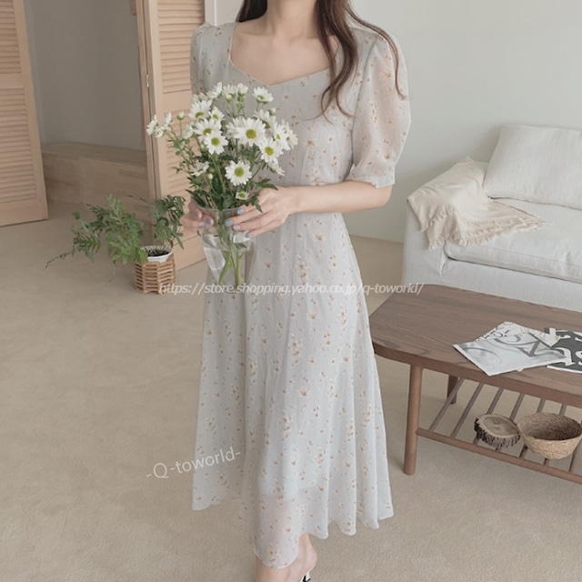 【S-XL】新作 シフォン　韓国風レディース服　ワンピース　フレンチカラー　花柄エレガント