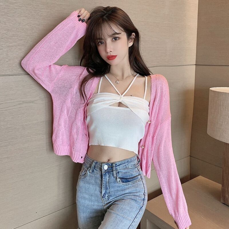 レッド薄手ニットカーディガンレディース ハンチェンe95879337835