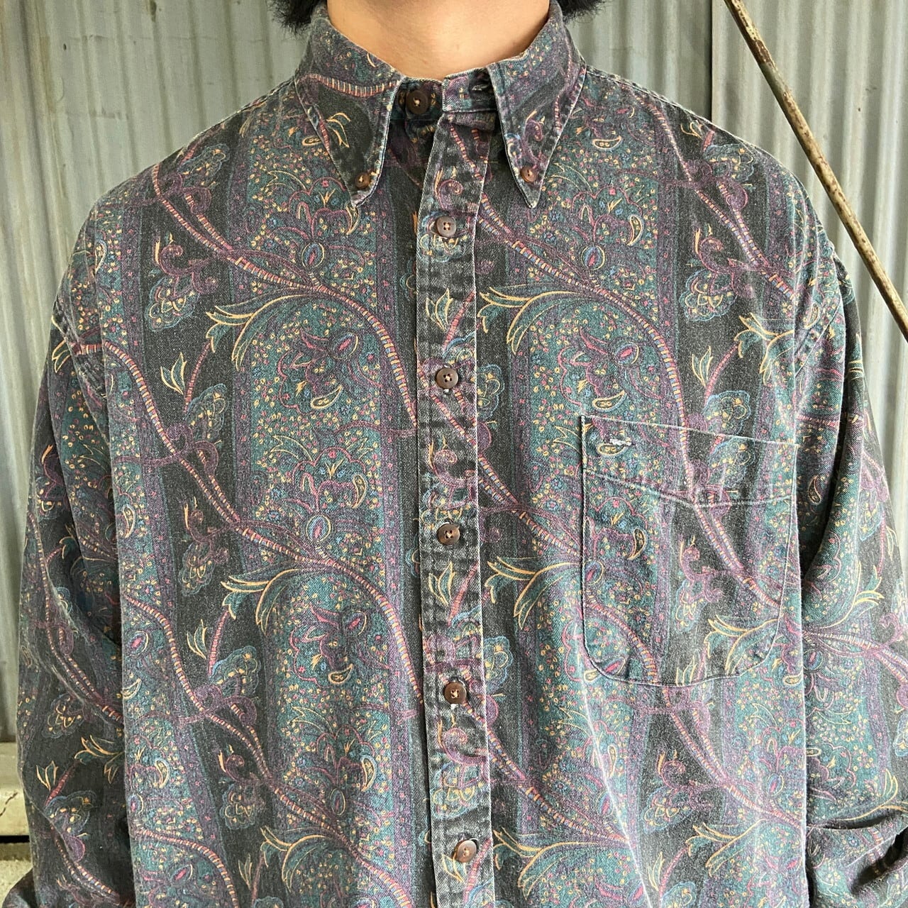 MAREH 長袖 総柄 ペイズリー柄 ボタンダウンシャツ メンズL 古着
